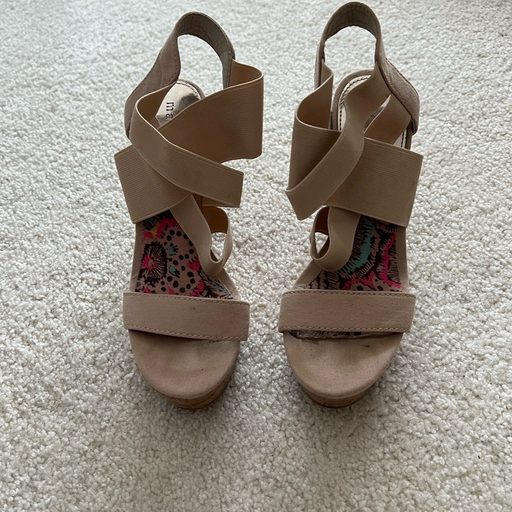 Madden Girl Tan Wedge Sandals with Crisscross Straps